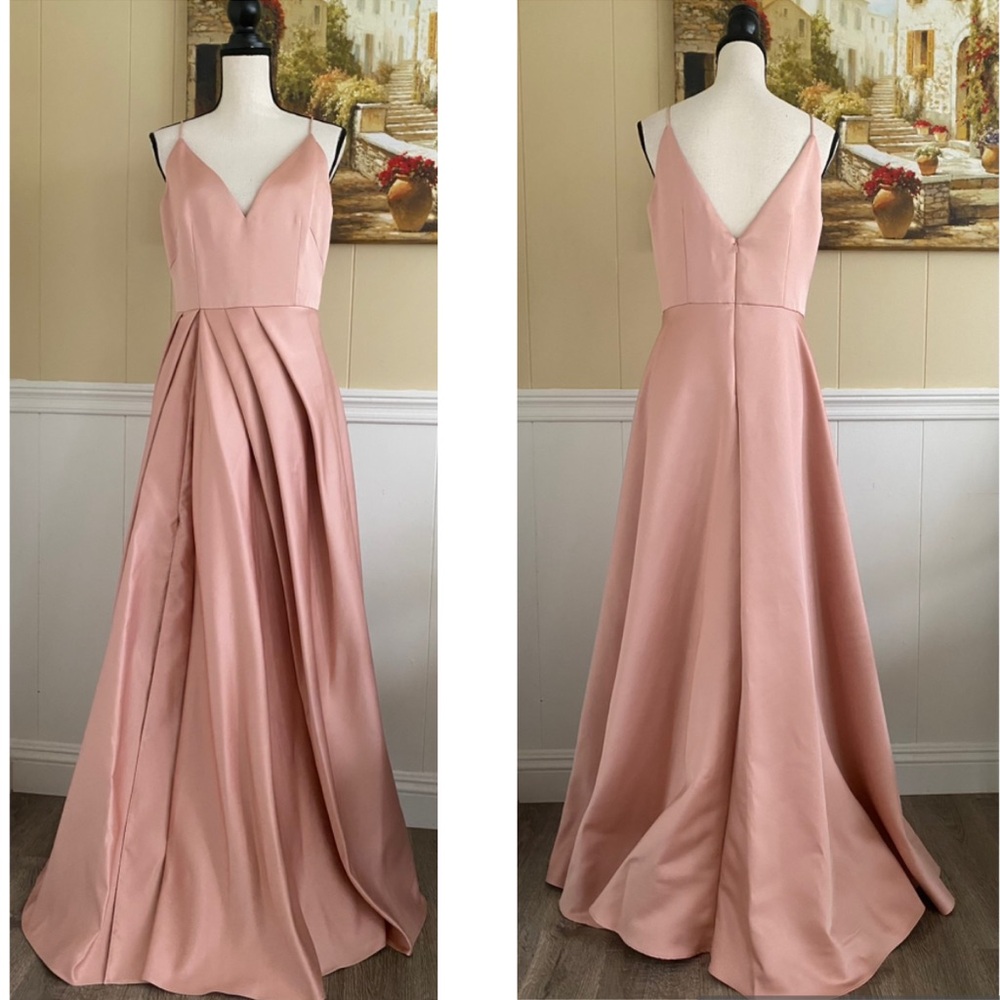 Flor et.al Satin V-neck A Line Gown - Picture 4 of 16